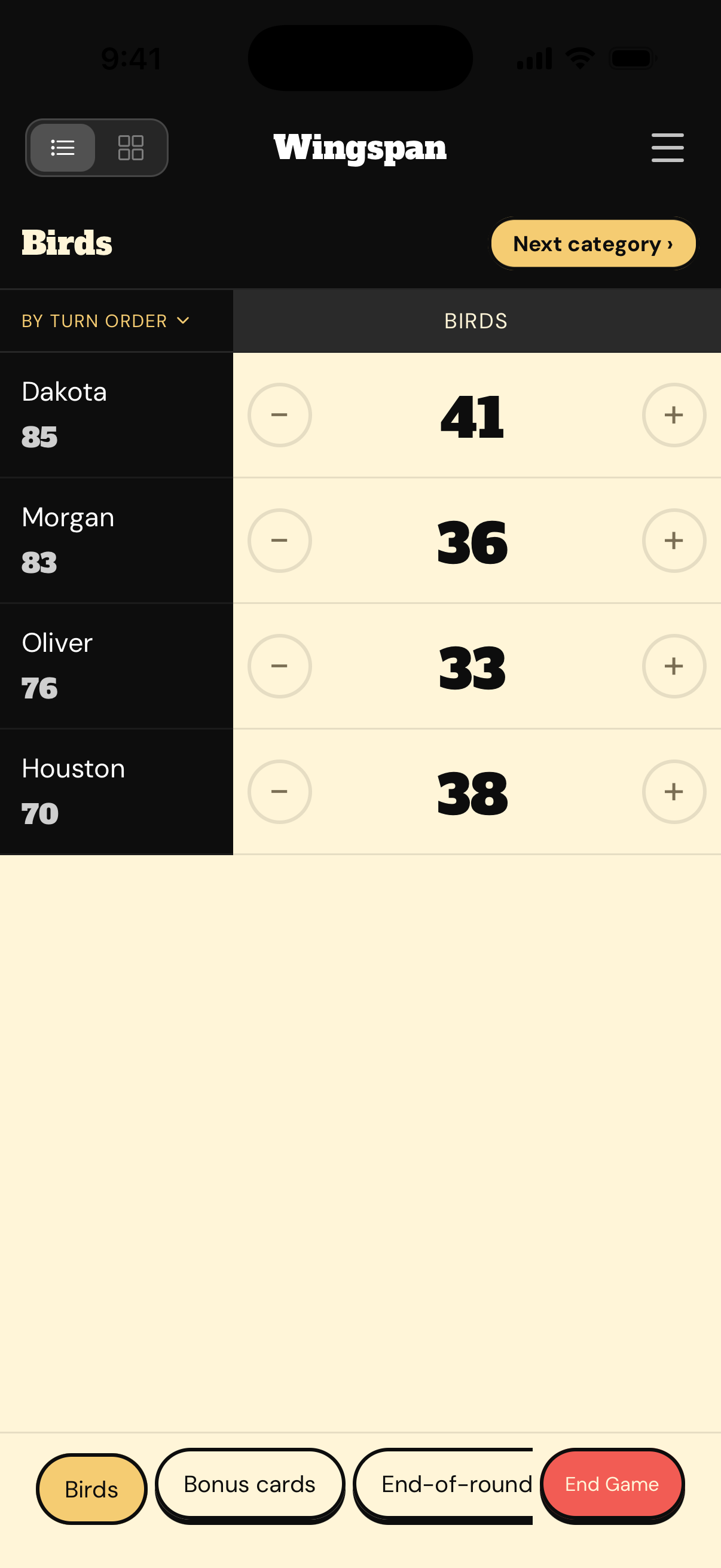 Scoring the Birds category in Wingspan, with running totals for each player